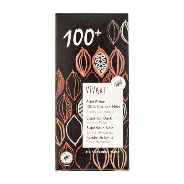 Edel Bitter 100 % Cacao + Nibs Vivani 80 g økologisk