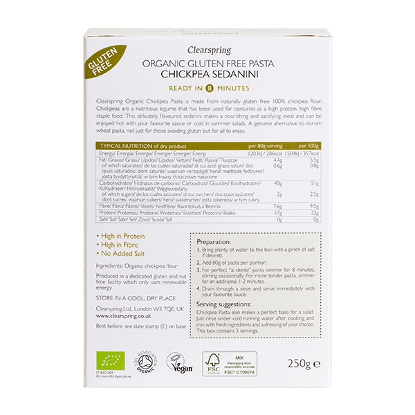Pasta Chickpea Sedanini Clearspring 250 g økologisk
